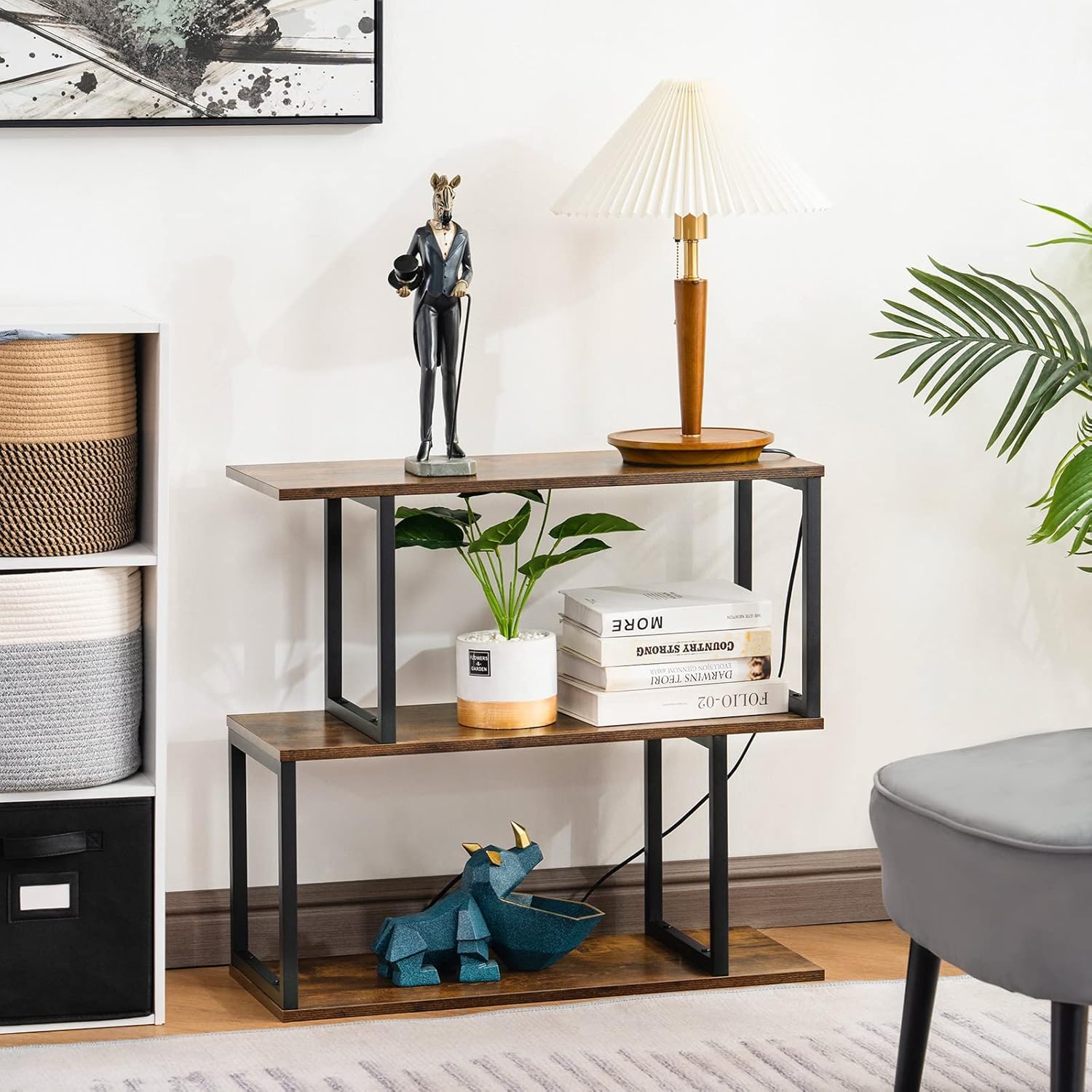 Apicizon Industrial Bookshelves Wooden Bookcase, 2-Tier Bookshelf, S-Shaped Bookshelf Modern Bookshelf