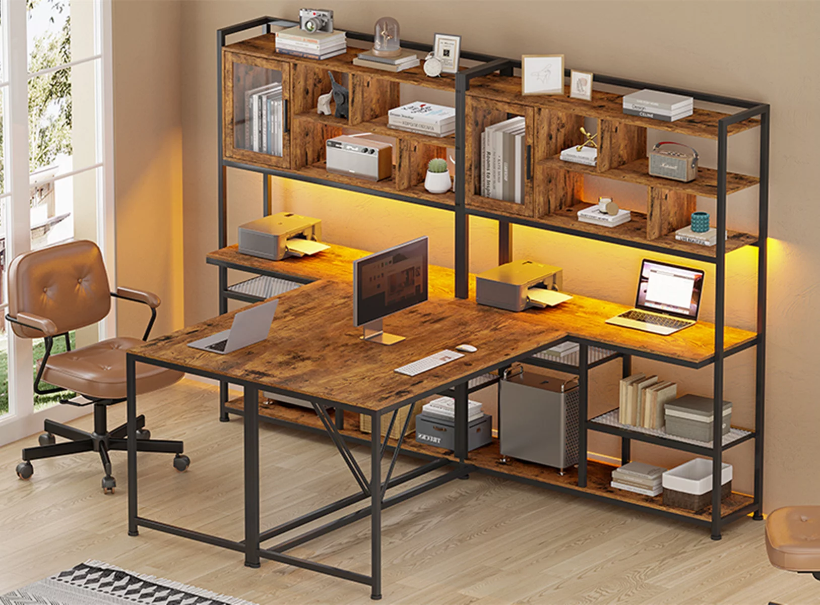 L Shaped Gaming Desk with LED Lights and Bookshelf, 58" Brown Home Office Desk Reversible Corner Computer Desk Table with Storage Shelves