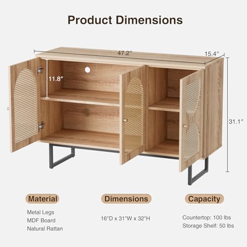 Storage Cabinet with 2 Arched Rattan Doors, Natural Style Rattan Sideboard Buffet Cabinet with Storage