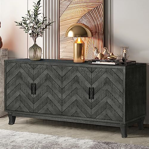 Vintage Sideboard Cabinet, Buffet Cabinet with 4 Doors, Accent Storage Cabinet with Adjustable Shelves