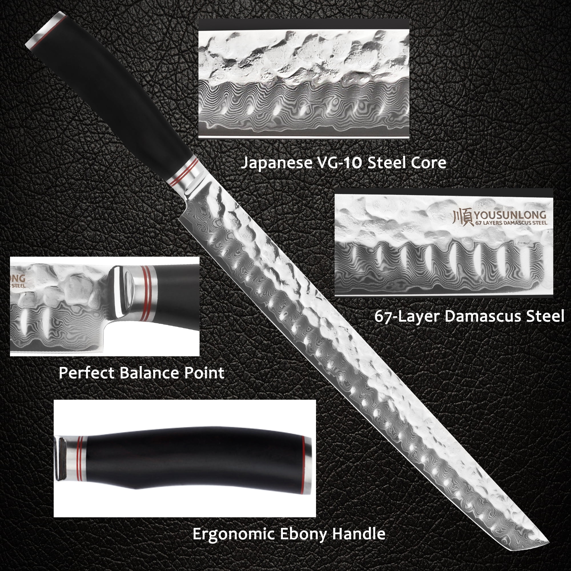 YOUSUNLONG Sujihiki Knife 13 Inch - Japanese Damascus Steel Fillet Knives Naturalwood Handle With Leather Sheath