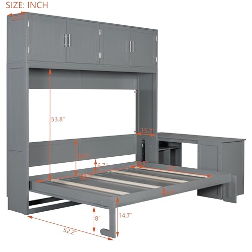 Queen Size Murphy Bed Wall Bed with Desk and Closet,Drawers and Shelves,for Small Spaces Studio Study Office Guest Room Use (Gray#Desk, Queen)