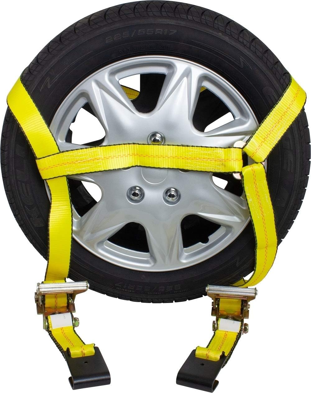 Mytee Products (4 Pack 2 x 14' Car Tie Down Lasso Ratchet Strap with Flat Hook - Tire Straps for Car Trailer - Wheel Straps for Hauling Cars