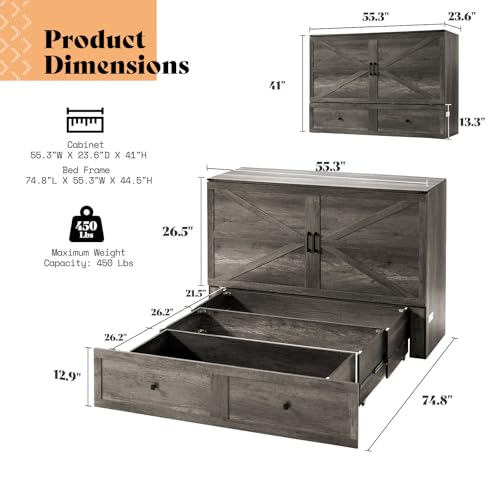 AMERLIFE Queen Murphy Bed with Storage & Charging Station, Farmhouse Murphy Cabinet with Foldable Panel, Noisy Free, for Guest Bedroom, Living Room