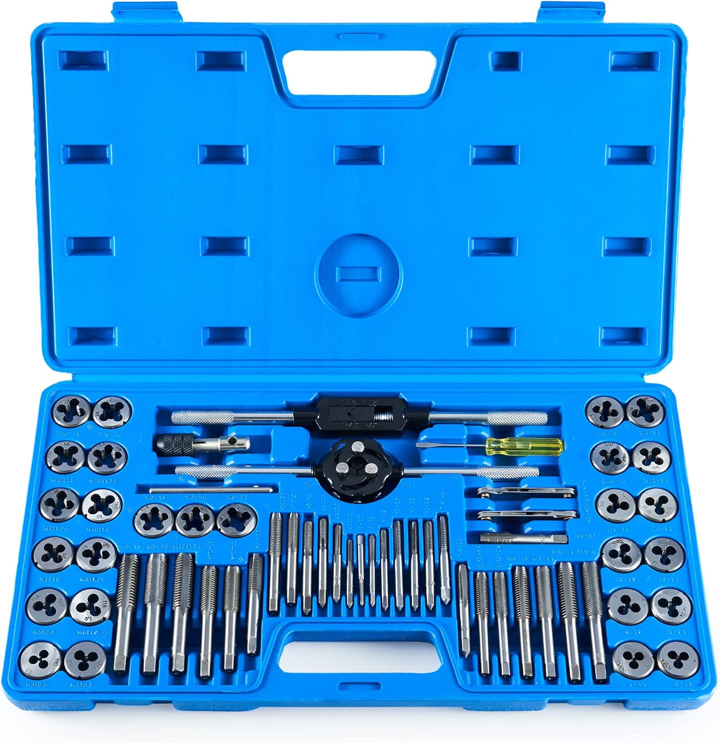 60 PCS Tap and Die Set Metric and Standard Sizes Included Tap Die Kit Metric and SAE for Threading and Rethreading Internal and External Threads Pack