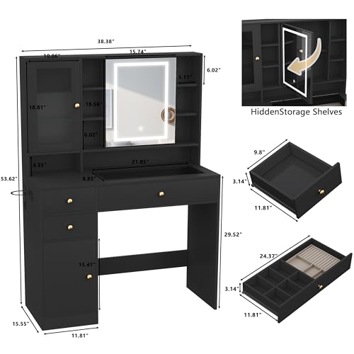 Makeup Vanity Desk with Mirror and Lights, White Vanity with Glass Top, LED Lights & Power Outlet, 3 Drawers & 2 RGB Glass Cabinets