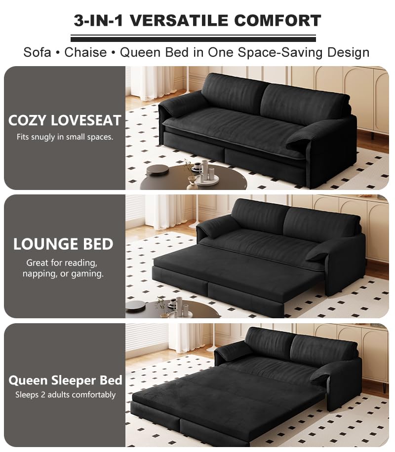 70.1" Futon Sofa Bed Queen Size, Pull Out Bed, 3-in-1 Convertible Sleeper Sofa with 2 Soft Pillows, Modern Velvet Futon Couch for Living Room