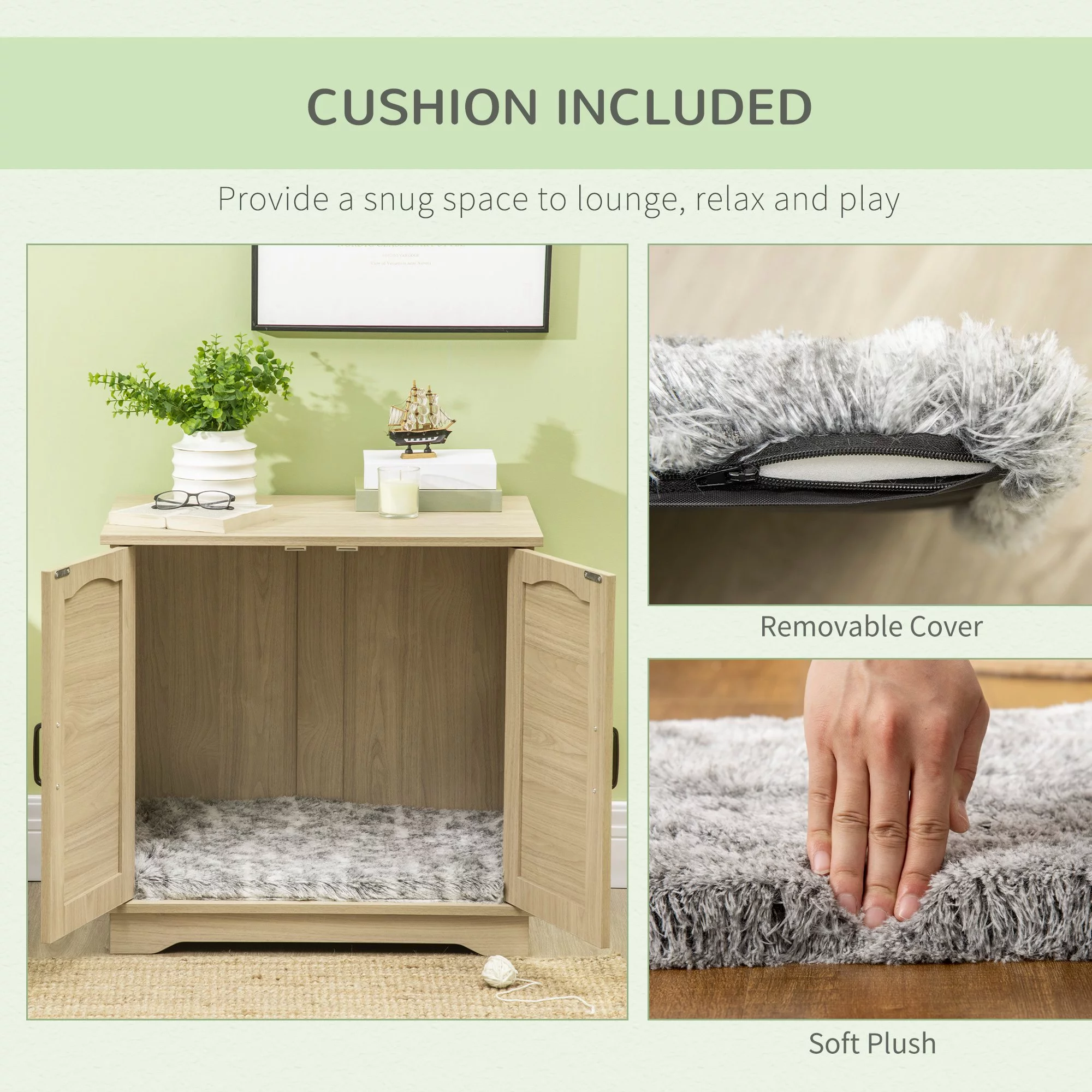PawHut Hidden Litter Box Enclosure Cat Washroom Furniture with Cushion Double Doors Wooden Pet House End Table, Oak - Radiant Selections