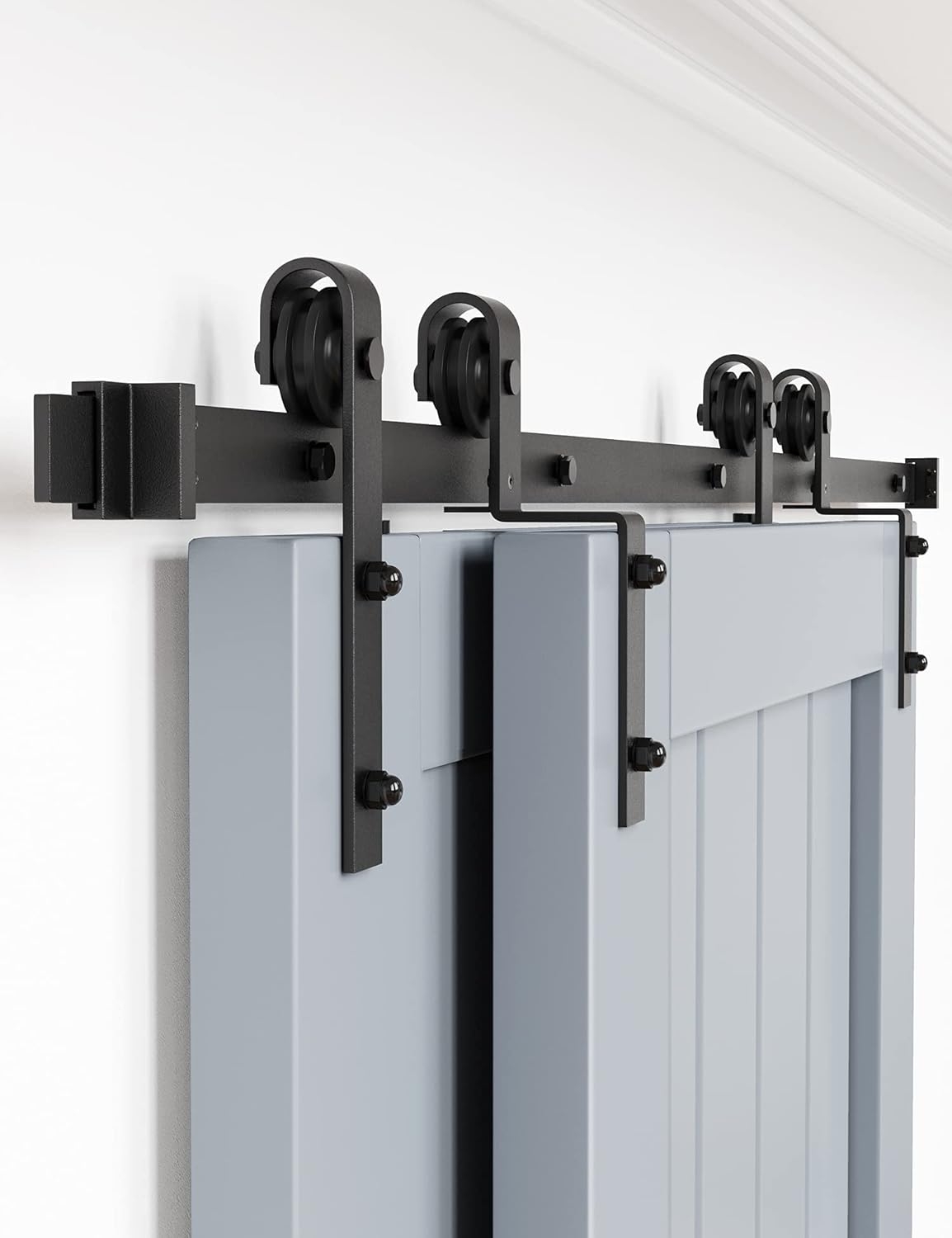 WINSOON 5FT Single Track Bypass Sliding Barn Door Hardware Kit for Double Doors, Low Ceiling, Easy Mount, Heavy Duty, Slide Quietly and Smoothly