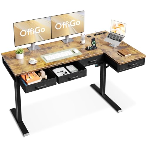 OffiGo 63 Inch L Shaped Electric Standing Desk with Drawers, Height Adjustable Large Desk with Power Outlets, Sit Stand Table