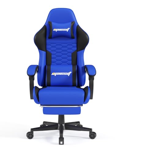 Gaming Chair, Computer Office Chair with Footrest, Linkage Armrests and Lumbar Support, High Back Ergonomic Gamer Chairs for Adults, Blue Fabric
