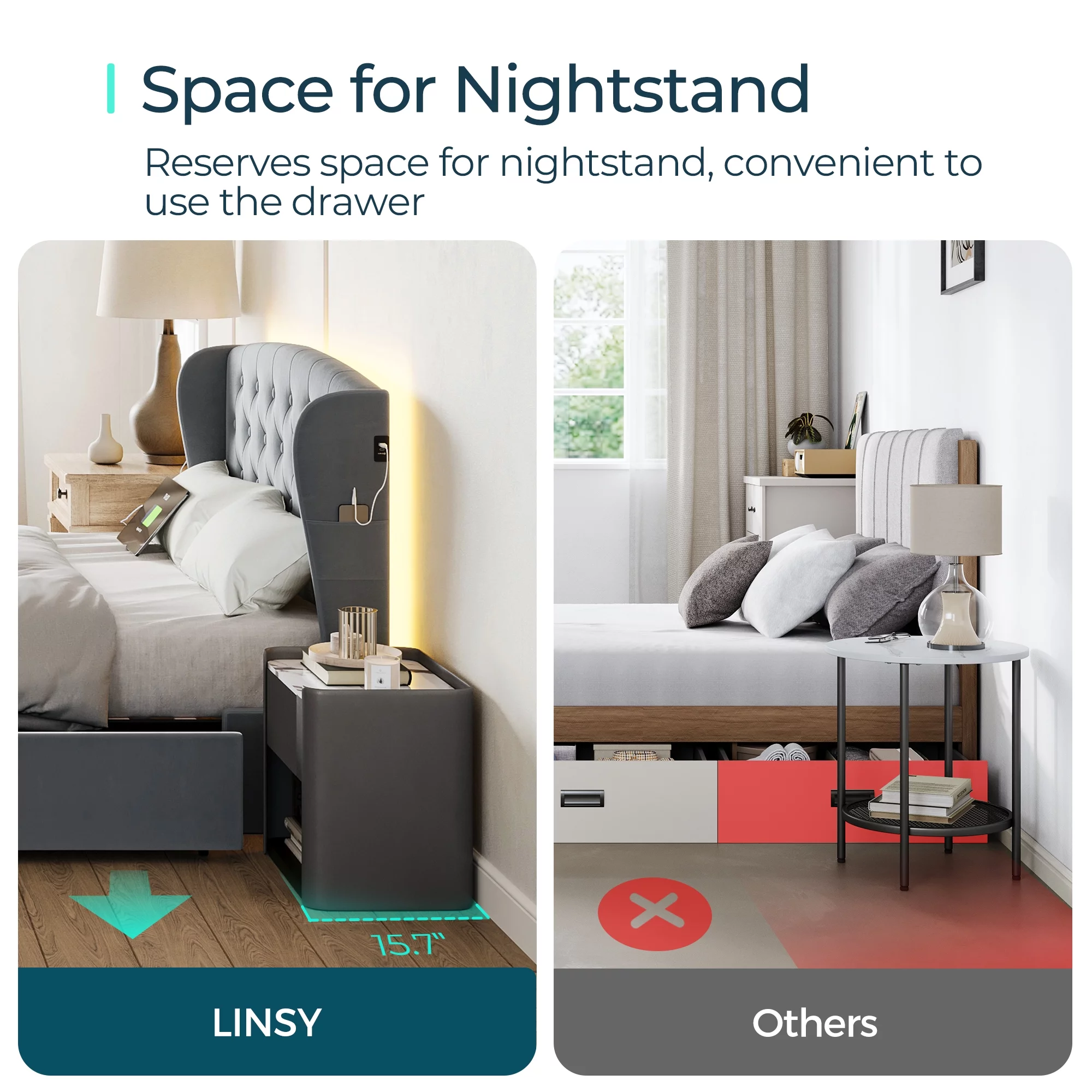 Linsy Home Upholstered Full Size Platform Bed Frame with Headboard and 4 Storage Drawers, Storage Bed with Remote RGB Lights & Fast Charger