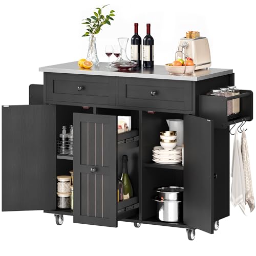 DWVO Kitchen Island on Wheels, Mobile Kitchen Island Cart with Folding Drop Leaf Breakfast Bar, Island Table for Kitchen with Large Storage Cabinets