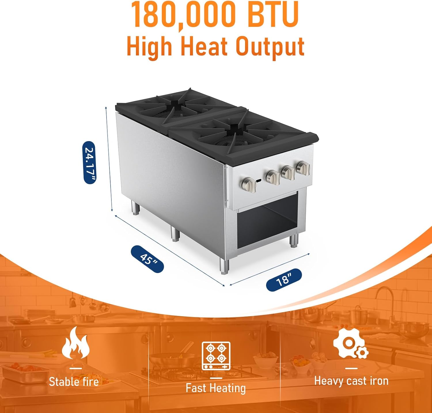 2 Burners Gas Stove, Propane and Natural Gas Commercial Hot Plate, 18"X45" Stainless Steel Wok Countertop Commercial Range, Outdoor Cooker