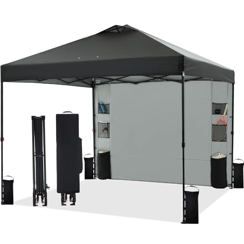 10'x10' Pop Up Canopy Tent with 1 Sidewall and 6 Pockets, One Push Setup, Instant Shade Tent with Vented Roof for Beach Patio Outdoor, Case, 8 Stakes