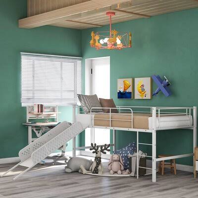 Twin Metal Loft Bed with Slid Multifunctional Design for Kids Bedroom Isabelle u0026 Max Bed Frame Color: White