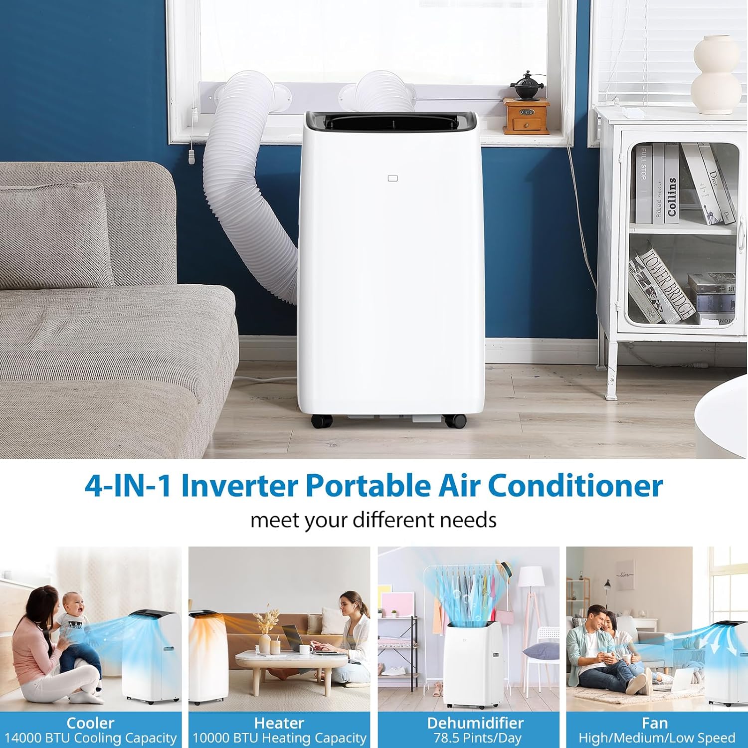 14,000BTU Inverter Air Conditioner for Rooms up to 750 Sq. Ft, 4-in-1 Portable AC Unit, Cooler, Heater, Dehumidifier & Fan, Sleep Mode 42dB