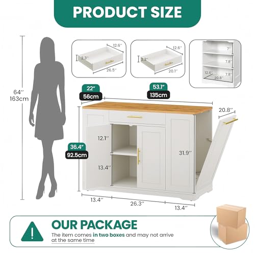 YITAHOME 53 inch Large Rolling Kitchen Island with Trash Can Storage Cabinet