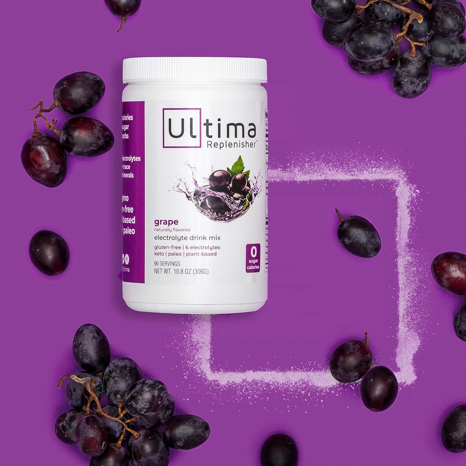 Ultima Replenisher Electrolyte Hydration Powder, Grape, 90 Serving Canister - Sugar Free, 0 Calories, 0 Carbs - Gluten-Free, Keto