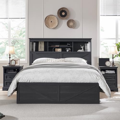 Queen Size Wood Bed Frame Farmhouse with 52" Tall Storage Bookcase Headboard, LED Light,Charging Station,4 Drawers and Solid Wood Slats Support