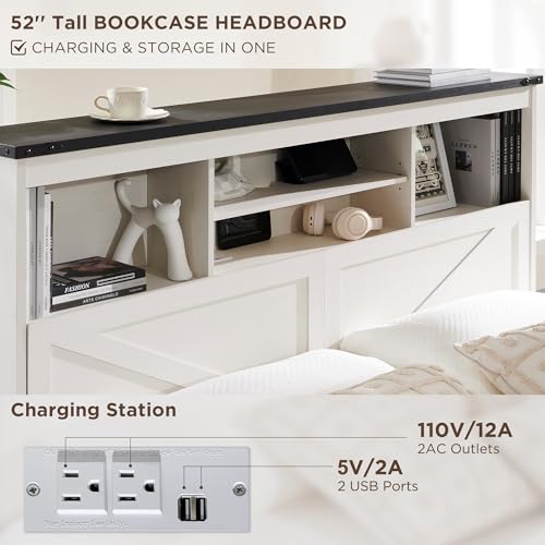 Queen Size Wood Bed Frame Farmhouse with 52" Tall Storage Bookcase Headboard, LED Light,Charging Station,4 Drawers and Solid Wood Slats Support