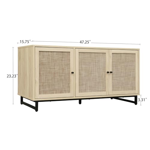 Rattan Sideboard Buffet Cabinet, 2 Tier Rattan Storage Cabinet with 3 Doors & Metal Legs,Wood Shoe Cabinet Storage
