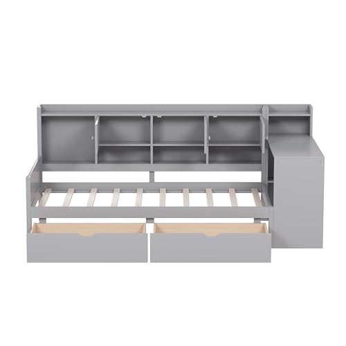 Corner Twin Bed Frame with Bookcase Storage and Desk, Wood Day Beds with 2 Drawers, Twin Size Daybed with Storage for Living Room