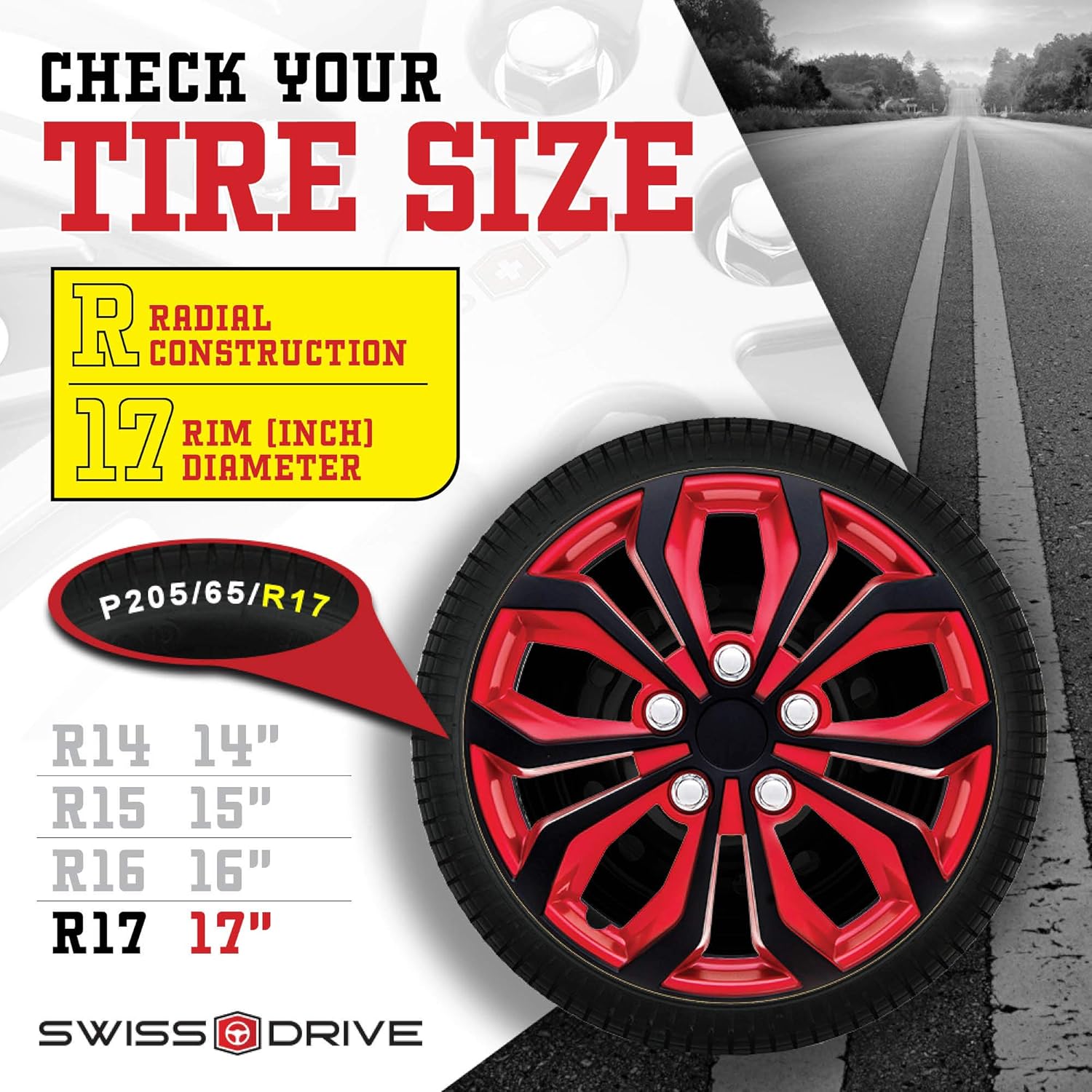 Swiss Drive Hubcaps 16 Set of 4 -Luxurious Red and Black Design – Durable and Reliable