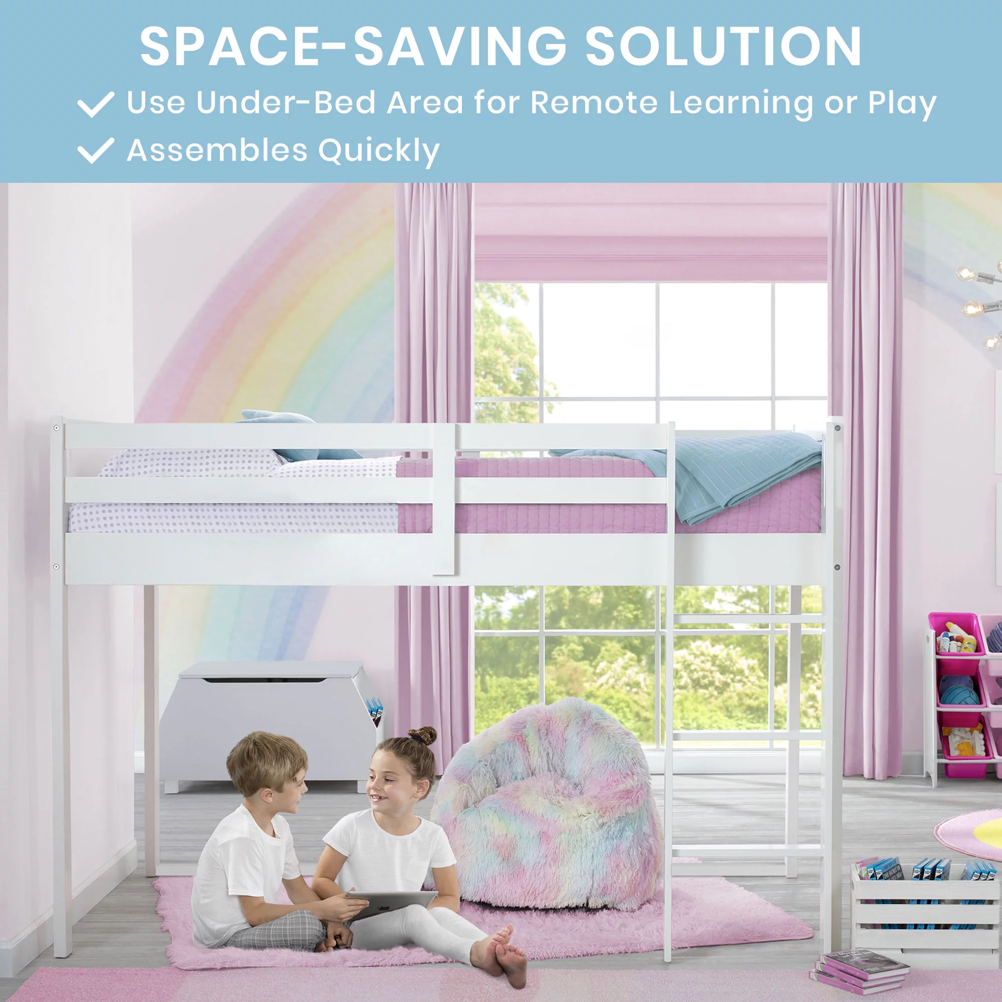 Delta Children Twin Loft Bed with Guardrail and Ladder, White