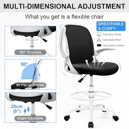 Primy Drafting Chair Tall Office Chair with Flip-up Armrests Executive Ergonomic Computer Standing Desk Chair with Lumbar Support and Adjustable