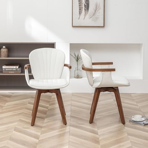 LUNLING Swivel Dining Chairs Set of 2, Mid Century Modern Gray Fabric+Faux Leather Kitchen Chairs with Arms,Bamboo Legs Side Chairs No Wheels
