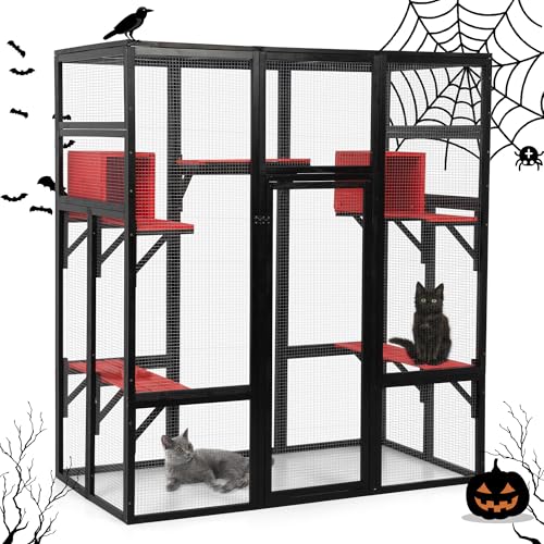 71Inches Large Wood Catio Outdoor Cat Enclosure with Perches and Condos, Cat House Indoor with Waterproof Roof