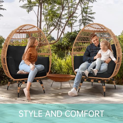 Oversized 360 Swivel Rattan Egg Chair for Adult, Indoor Outdoor Patio Large Wicker Egg Chair with Overstuffed Cushions, 440lb Weight Capacity