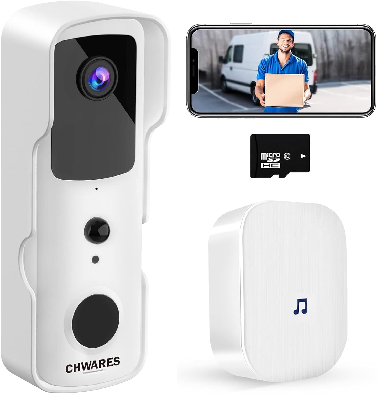 CHWARES Video Doorbell Camera Wireless WiFi with Chime, 1080P HD, Night Vision, 2-Way Talk, Alexa Compatible, Easy Installation, White Pack of 2