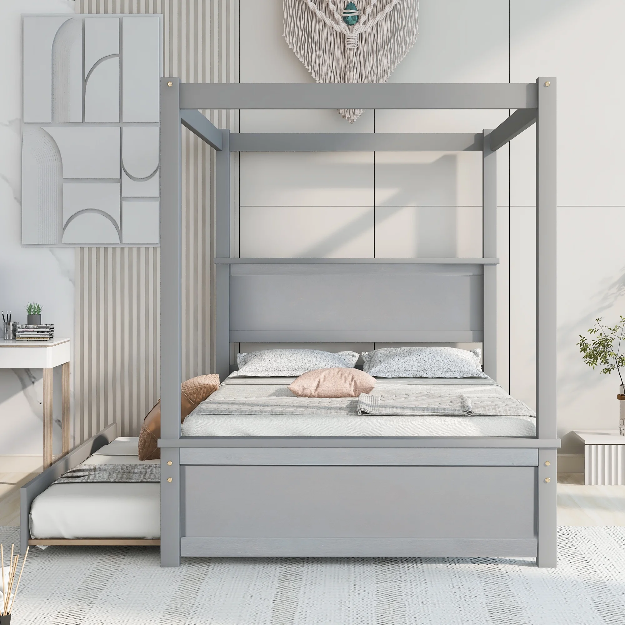 Dcenta Wood Canopy Bed with Trundle Bed ,Full Size Canopy Platform bed With Support Slats .No Box Spring Needed, Gray