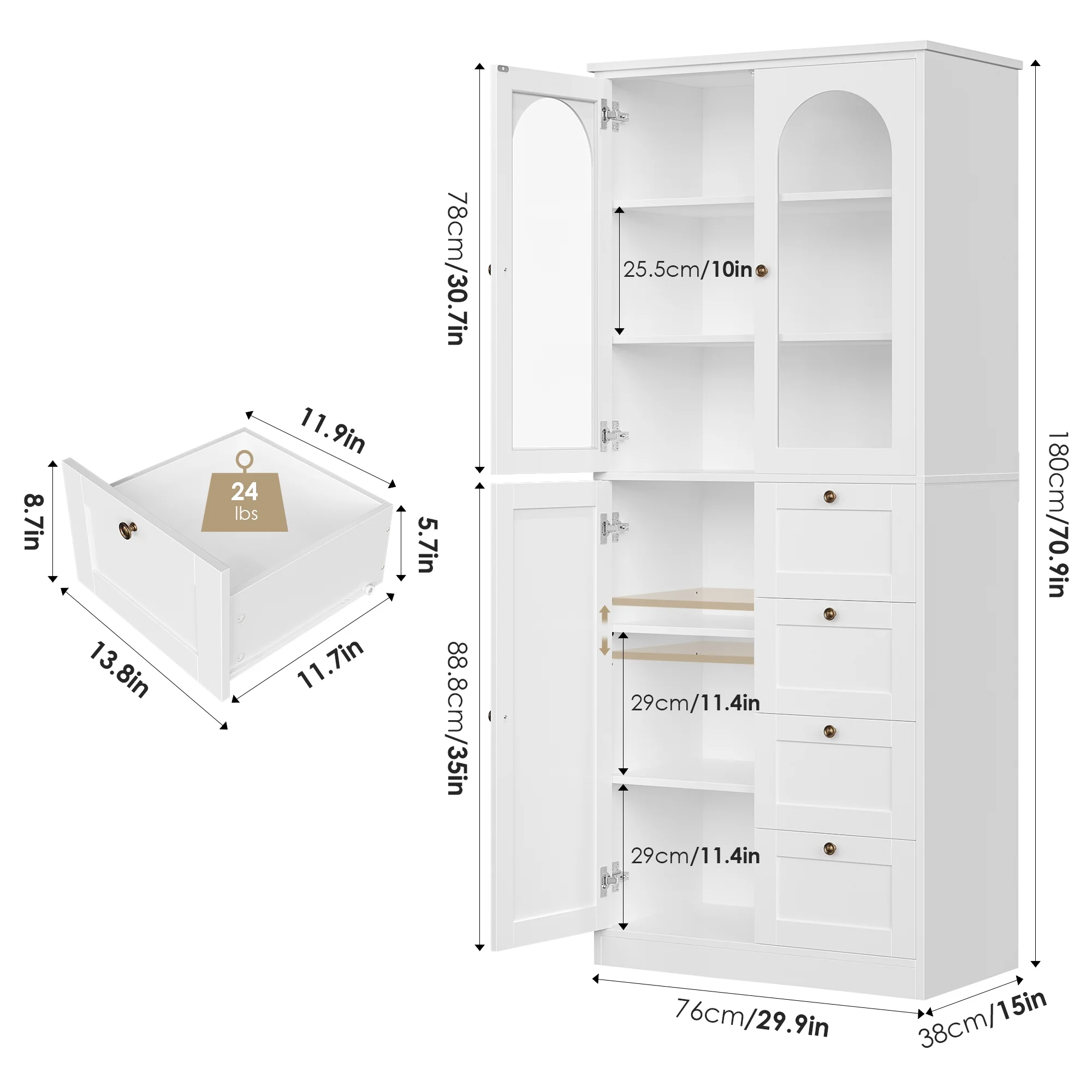 Homfa 70.9''Kitchen Pantry Cabinet with 2 Glass Doors and 4 Drawers, Modern Food Storage Cabinet with Adjustable Shelves for Dining Room, White