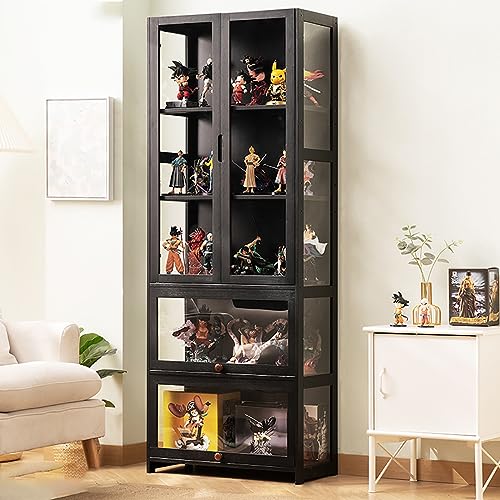 Display Cabinet 5-Shelf with Acrylic Door, Curio Cabinets Upgraded Cabinet Door Display Shelf Bamboo Storage Floor Standing Bookshelf for Bedroom