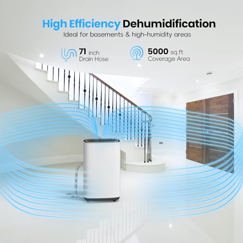 5000 Sq.Ft Dehumidifier, 50PT/24H Dehumidifiers with Hose for Basement, Large Compressor Dehumidifier for Home/Office/Bedroom/Laundry