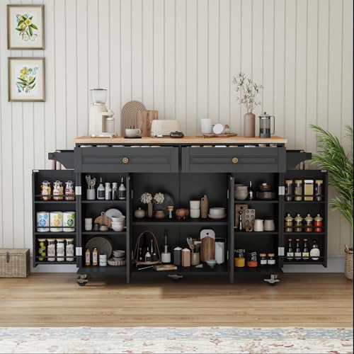 67’’ Movable Kitchen Island with Drop Leaf and Power Outlet, Lockable Sliding Countertop Rolling Island Cart with 2 Large Drawers, Spice, Towel Rack