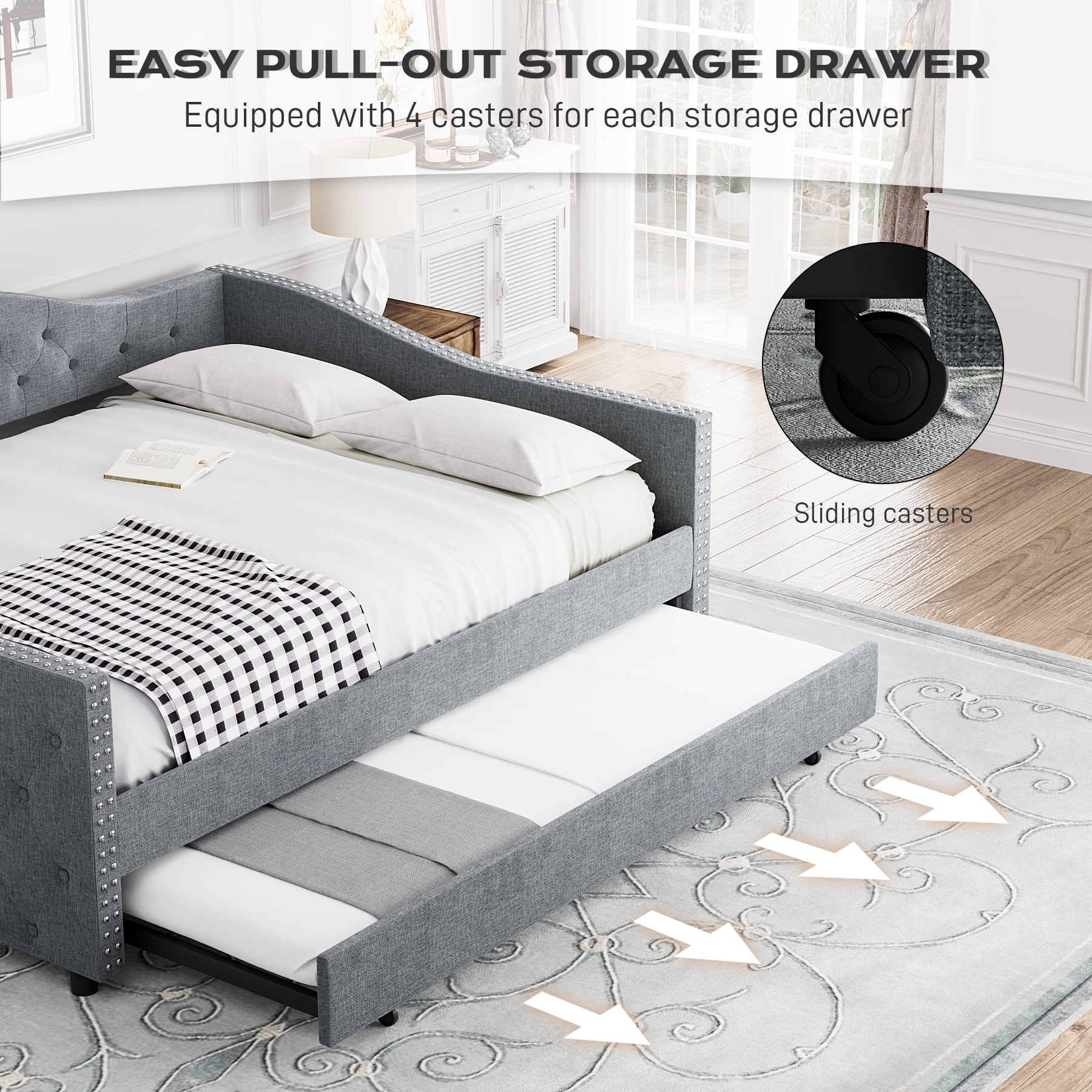 Tufted Upholstered Daybed With Trundle,Full Size Daybed Frame with Wood Slat Support and Button Tufted Backrest,Velvet Sofa Bed Frame for Living Room