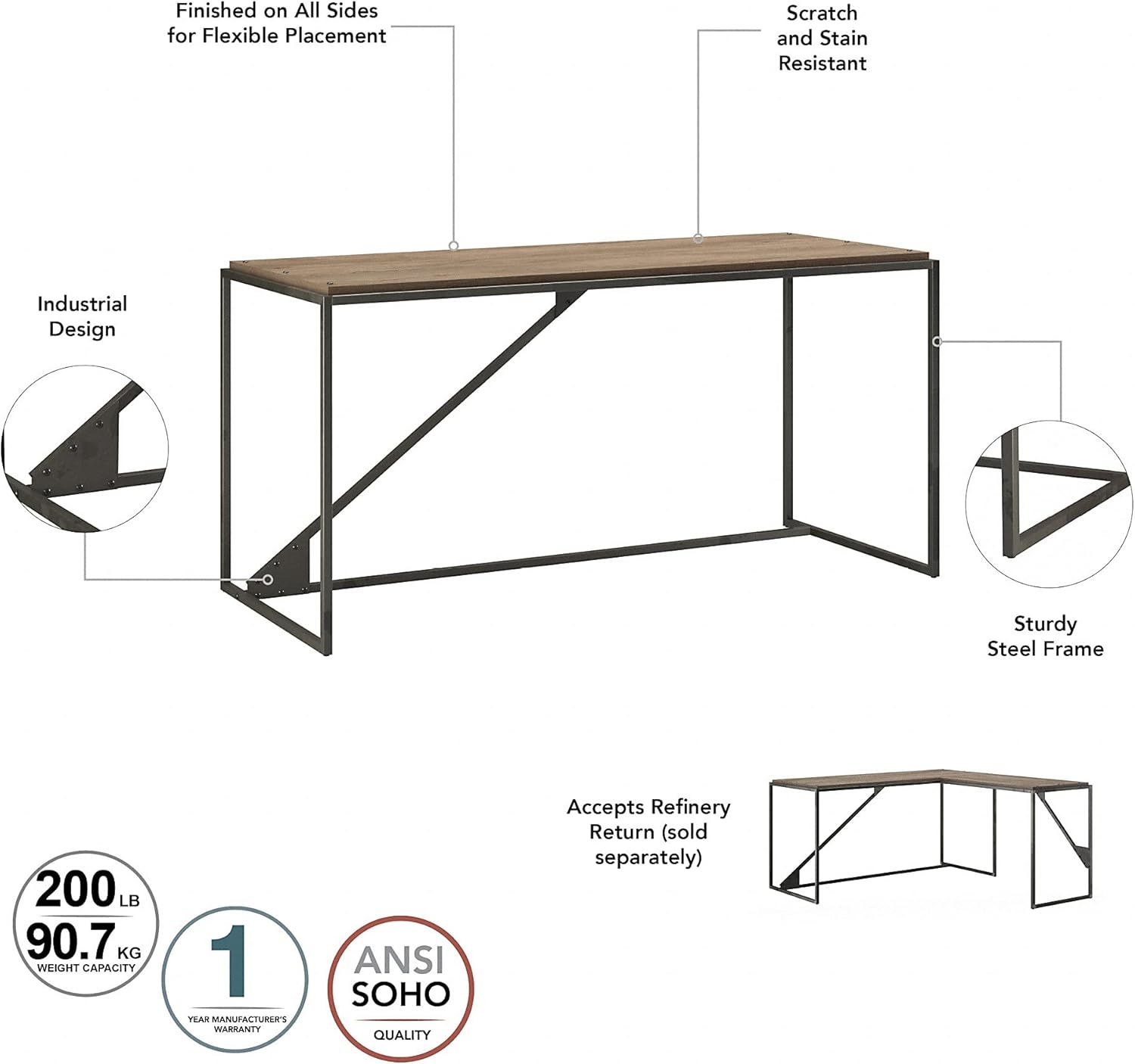 Bush Furniture Refinery L Shaped Industrial Desk with 3 Drawer Mobile File Cabinet, 62W, Rustic Gray