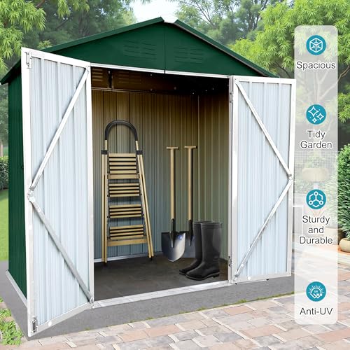 8x6 FT Outdoor Storage Shed, Metal Tool Shed with Lockable Doors, Peaked Roof & Frame Floor