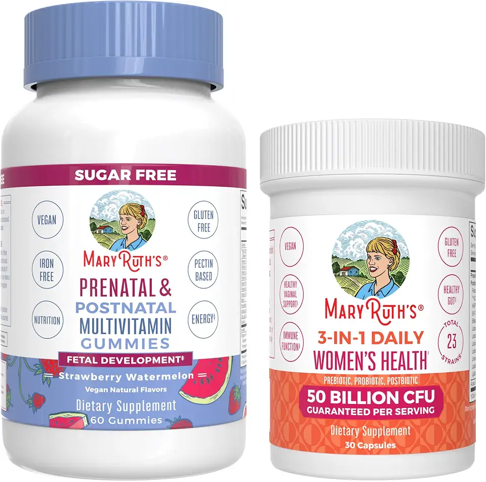MaryRuth Organics Prenatal Postnatal Multivitamin Gummies (Strawberry) & Women's 3-in-1 Daily Probiotic Capsules | Clean Label Project Verified® |