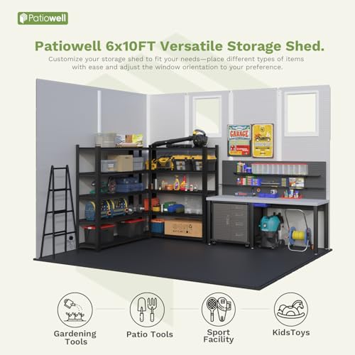Patiowell 6 x 8 FT Plastic Outdoor Storage Shed with Floor, Resin Outside Tool Shed with Two Windows and Lockable Easy to Install, Door for Garden