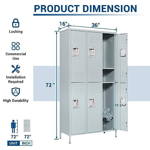 72" Metal Locker for Employees 3 Doors Blue Steel Storage Locker for Office, School, Gym - Metal Storage Cabinets for Home, Office, Gym, School
