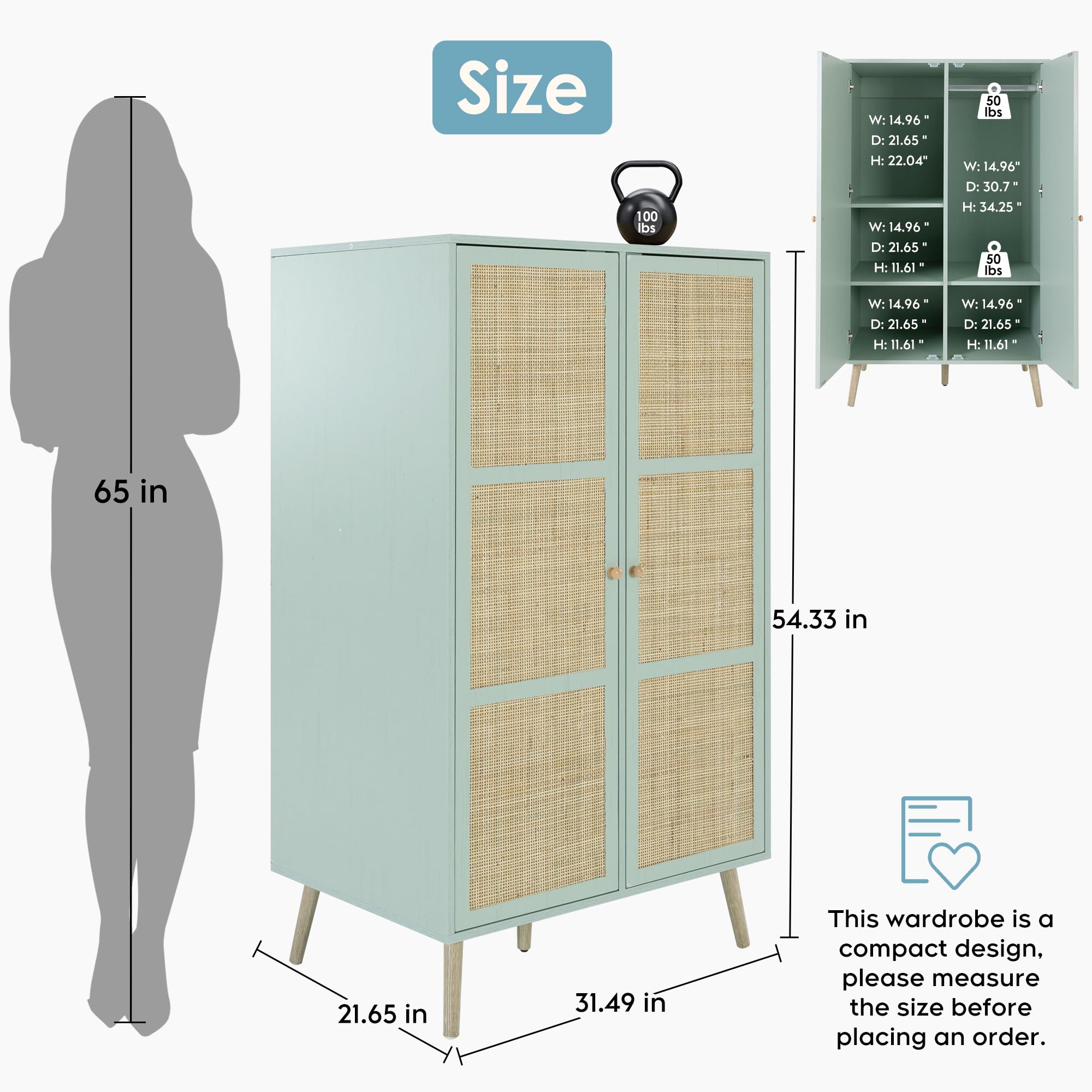 Brafab 55" Mid Century Vintage Armoire Wardrobe Closet with Natural Rattan Doors