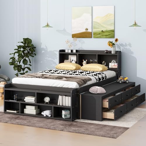 SOFTSEA Full Size Platform Bed with Storage, Platform Bed with Drawers and Bed End Case, Wood Platform Bed Frame with Storage Bookcase Headboard