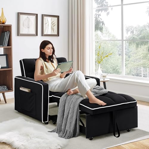 Sleeper Chair, 3 in 1 Convertible Chair Bed,Velvet Tufted Upholstered Single Pullout Sofa Chair Bed with Adjustable Backrest&Side Pockets