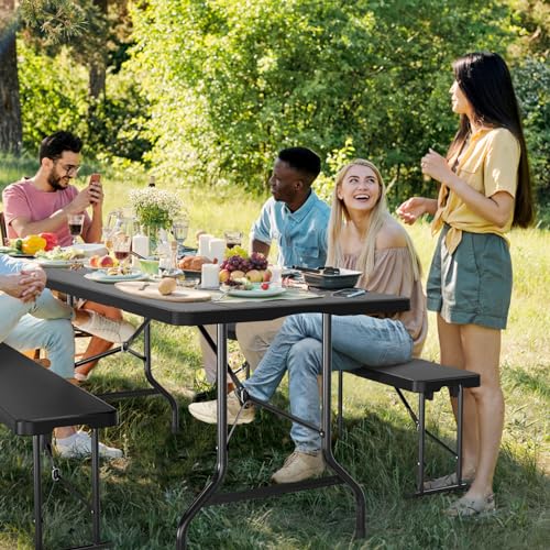 VINGLI Picnic Table Set with 2 Benches, 6 Feet Camping Table Chair Set,3-Piece Folding Furniture for Indoor or Outdoor Use, Smooth Tabletop, White