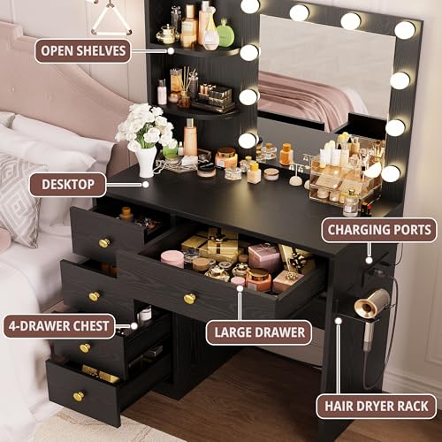 IRONCK Vanity Desk with Mirror and Lights, Small Makeup Vanity Table with 5 Drawers, Power Outlet, and Vanity Stool, 3 Lighting Colors